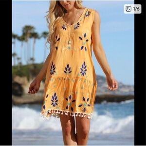 Anandas Collection Boho Floral Tassled Yellow Tank Dress Embroidered Sz L,23"PTP